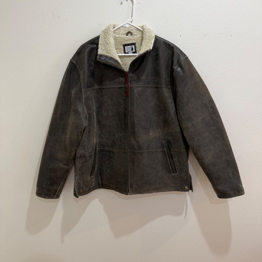 Modern Images Mens XL Brown Genuine Leather Faux Shearling Lined Jacket Bomber
